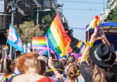 Crowd Raising And Holding Rainbow Gay Flags During A Gay Pride. Trans Flags Can Be Seen As Well In The Background. The Rainbow Flag Is One Of The Symbols Of The Lgbtq Community