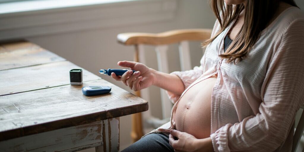 Pregnant Woman Monitoring Blood Sugar Level During Pregnancy At Home With Glucometer And Lancing Device Pregnant Woman Monitoring Blood Sugar Level During Pregnancy At Home With Glucometer And Lancing Device