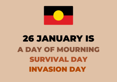 Image of the Australian Aboriginal Flag. Underneath is written: 26 January is A Day of Mourning, Survival Day, Invasion Day